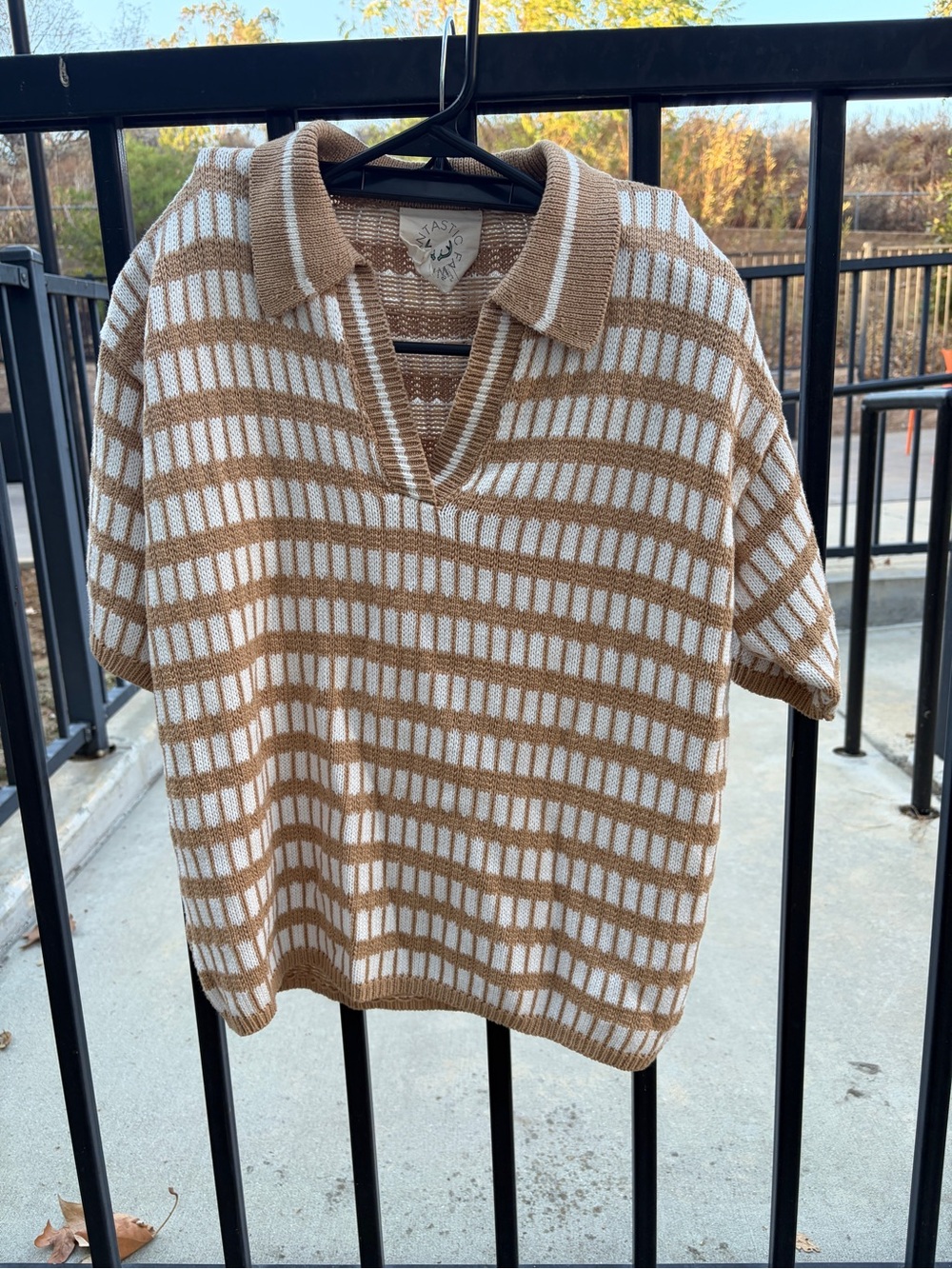 Fantastic Fawn Striped V-Neck Polo Top in Cream and Tan
